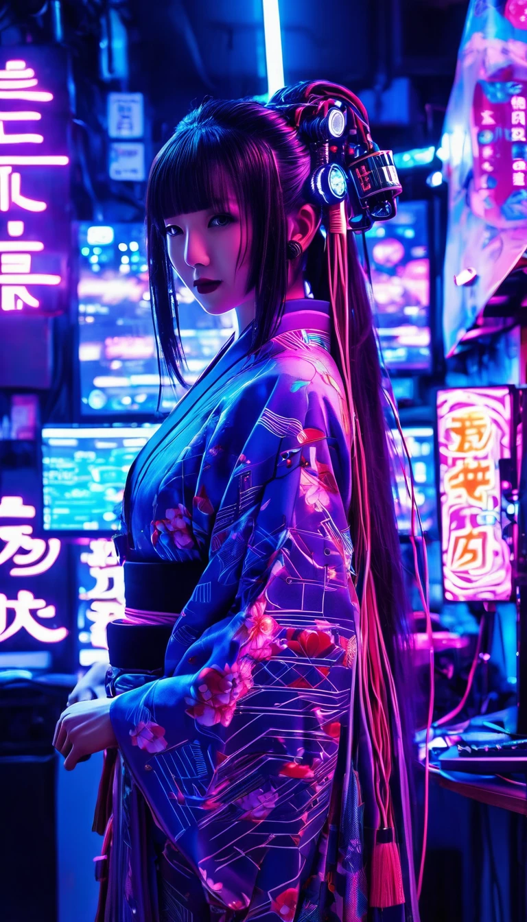 high tech, Futuristic, Only the scenery、No people、 (Realistic:1.4), Long hair made of cables, robot, In the background there are lots of computer cables, Ultra-high resolution, Ultra-high resolution, 8k, Neon Light, Japanese Culture, kimono, behind