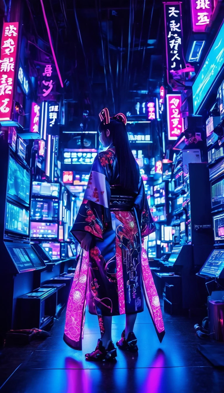 high tech, Futuristic, Only the scenery、No people、 (Realistic:1.4), Long hair made of cables, robot, In the background there are lots of computer cables, Ultra-high resolution, Ultra-high resolution, 8k, Neon Light, Japanese Culture, kimono, behind