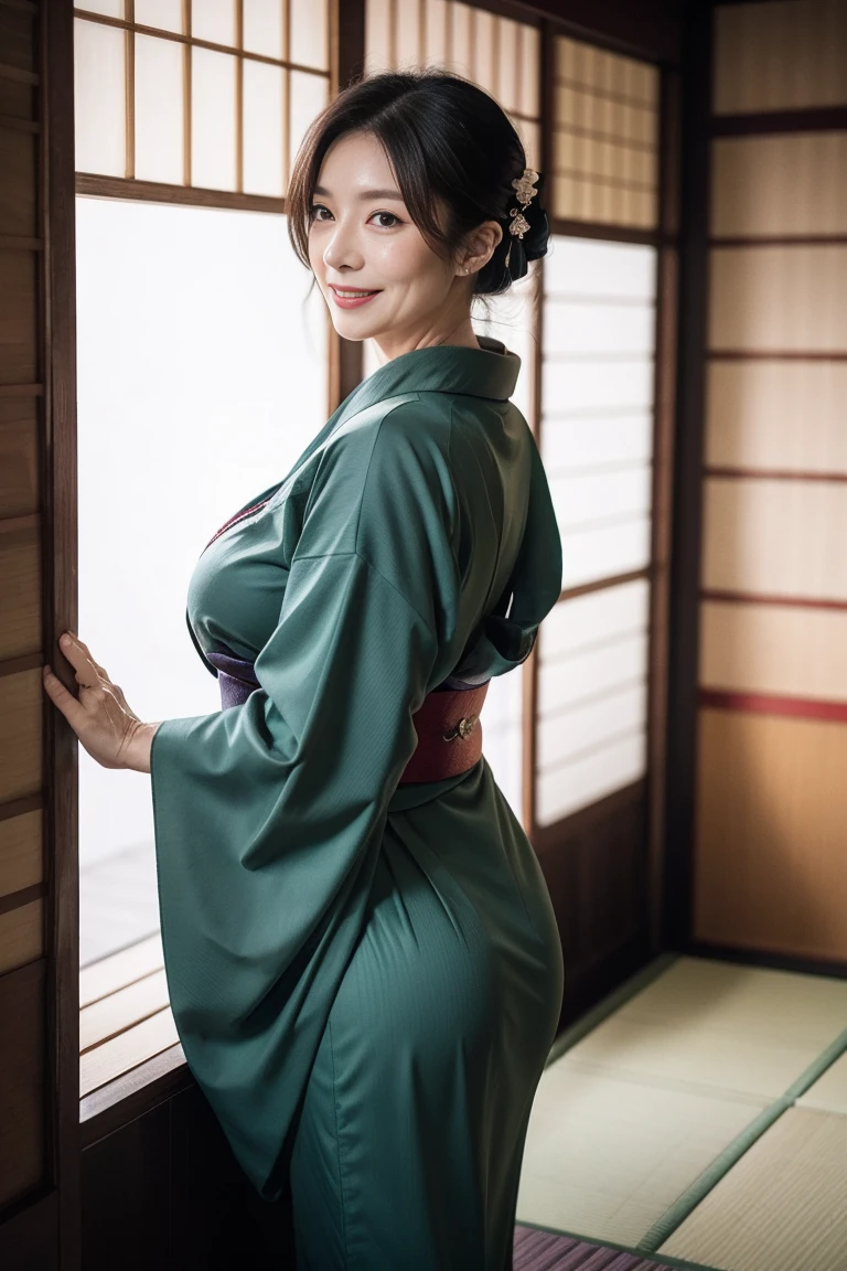 Mature attractive sexy woman,50 years old, ((kimono)),Dark Green、(((kimono))),Shut,((Big Breasts:1.3)),(Facial wrinkles:1.3),light makeup,Light brown hair,Long Hair,(Full body photo:0.85),(Emphasize big buttocks),8k, RAW Photos, Highest quality, Laughter,masterpiece,Highest quality、A kind smile、Captivating Gaze、Random Hairstyles、Japanese-style room、Shoji Screen、lanthanum、