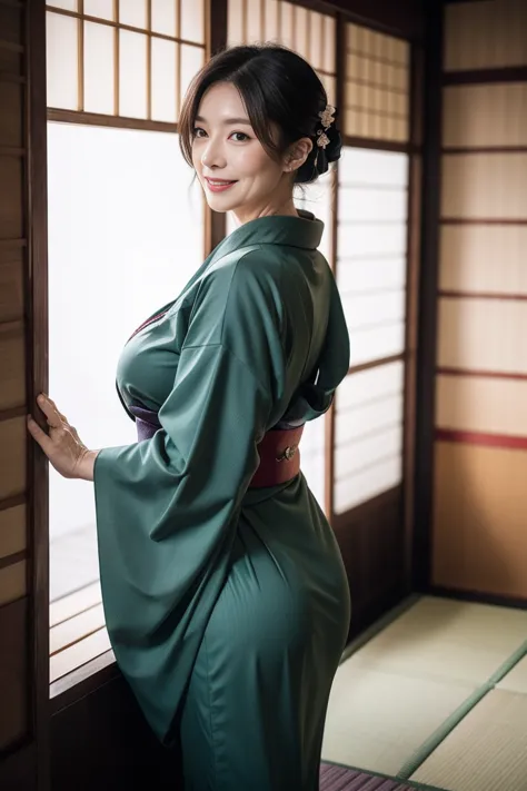 mature attractive sexy woman,50 years old, ((kimono)),dark green、(((kimono))),shut,((big breasts:1.3)),(facial wrinkles:1.3),lig...