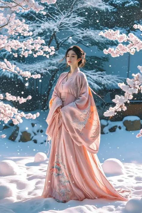 a woman in a pink kimono standing in the snow, a picture, inspired by ma yuanyu, tumblr, background image, wearing long gown, 72...