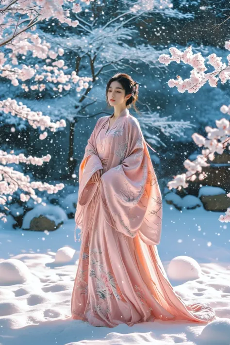 a woman in a pink kimono standing in the snow, a picture, inspired by ma yuanyu, tumblr, background image, wearing long gown, 72...