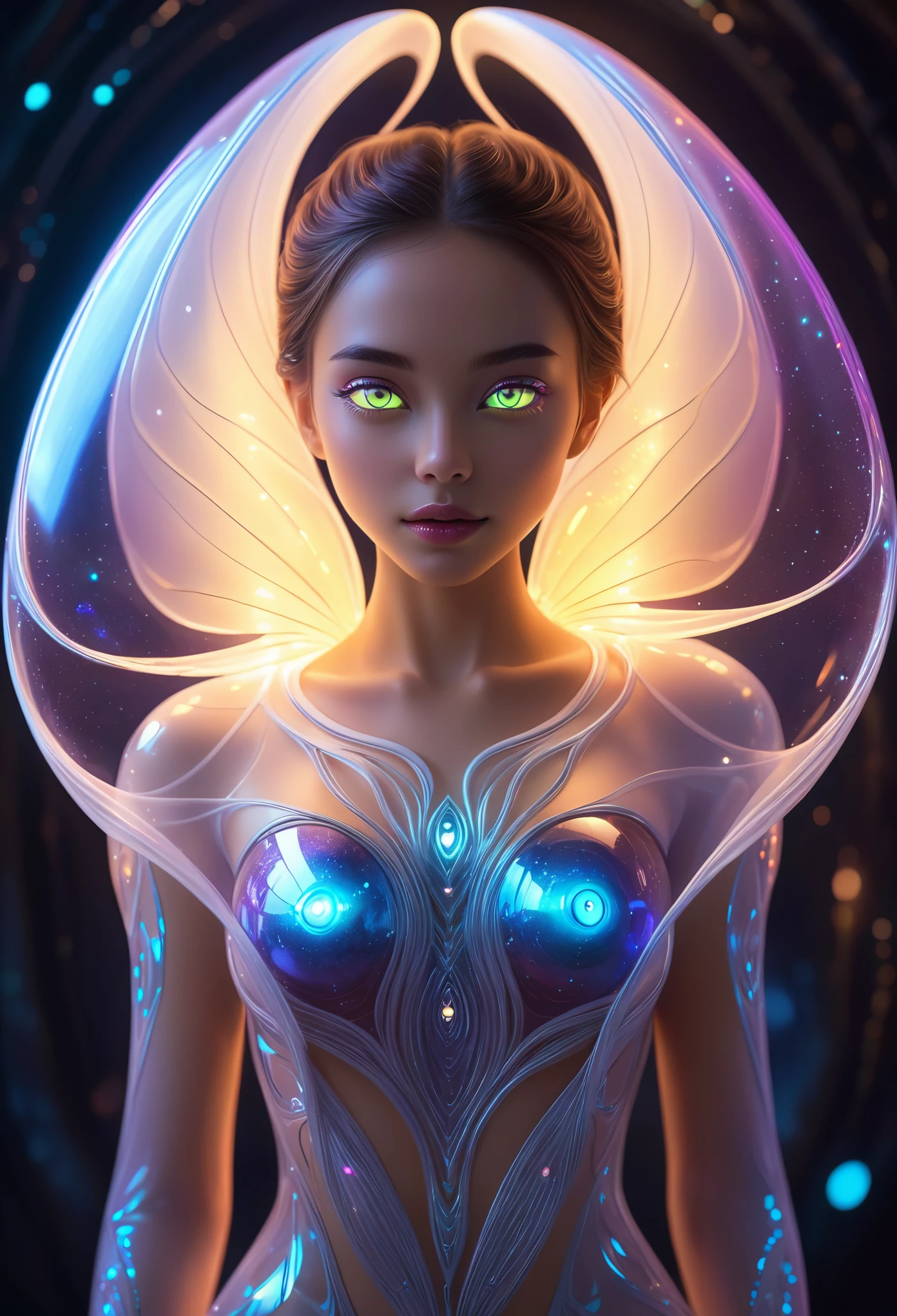 beautiful alien woman emerging from a cocoon, detailed beautiful face like cute girl and body, from back, (glowing eyes, glowing skin:1.5), intricate organic details, translucent wings, symmetrical face, ethereal lighting, cinematic, vibrant colors, digital art, highly detailed, 8k, photorealistic, whole body, Floating in the air