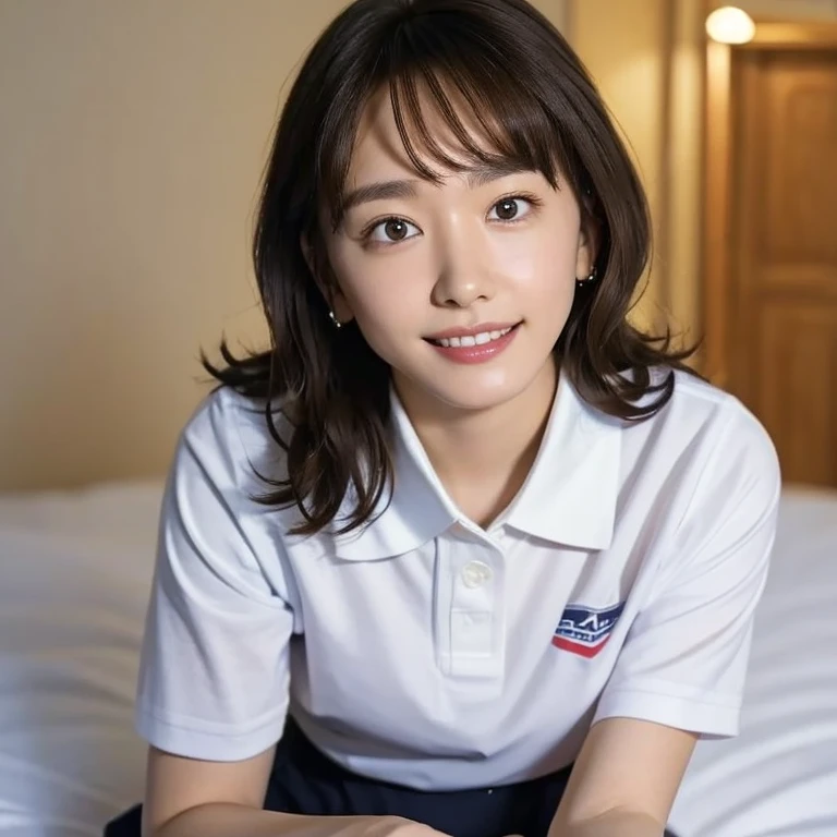 (Masterpiece, Best quality: 1.2), (Aerial shot: 1.4), (From side: 1.3), Looking at viewer, Natural light, 20 years old actress, Japanese women, Neat and clean, ((Wearing white tennis uniform, White short sleeve polo shirt with collar, Not buttoning the polo shirt, Dark navy line on the collar of the polo shirt, White tennis Skirt, White pleated skirt: 1.2)), (High ponytail: 1.2) Medium wavy hair, (Beautiful Face), Glossy brown hair color, clear, (Beautiful detailed eyes, Kind eyes), (Clear skin), Small face, Beautiful small mouth, no makeup, Approachable, Hotel rooms, On bed, White socks, Seductive smile, Seductive pose,