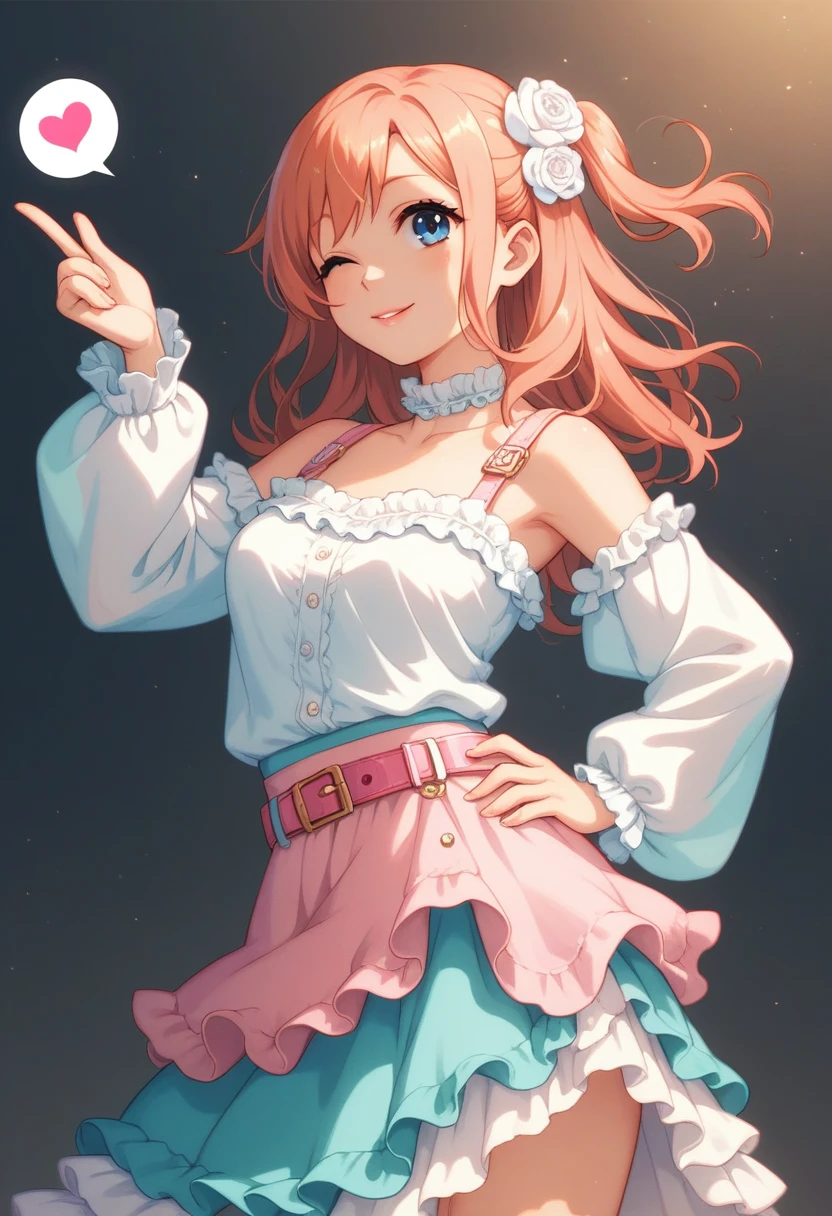 Honoka Kousaka loves living, cowboy shot, blue colored eyes, hair orange,hair flower, standing alone, loose top, frilled,longsleeve,longskirt, front thigh cutout,pink loose belt,thin straps, glowing moist skin, sexly, spoken heart , (lipstick:0.7), wink ,hand on hip, Sideslit