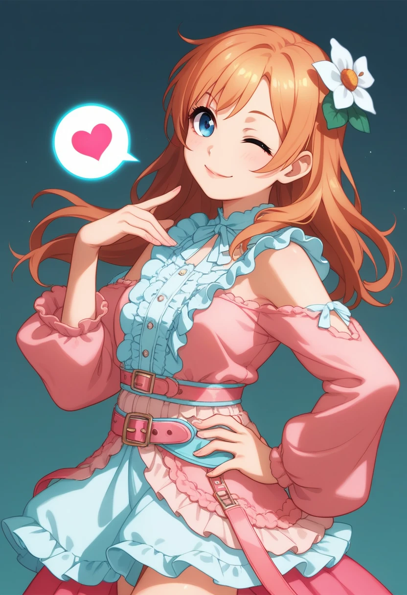 Honoka Kousaka loves living, cowboy shot, blue colored eyes, hair orange,hair flower, standing alone, loose top, frilled,longsleeve,longskirt, front thigh cutout,pink loose belt,thin straps, glowing moist skin, sexly, spoken heart , (lipstick:0.7), wink ,hand on hip, Sideslit