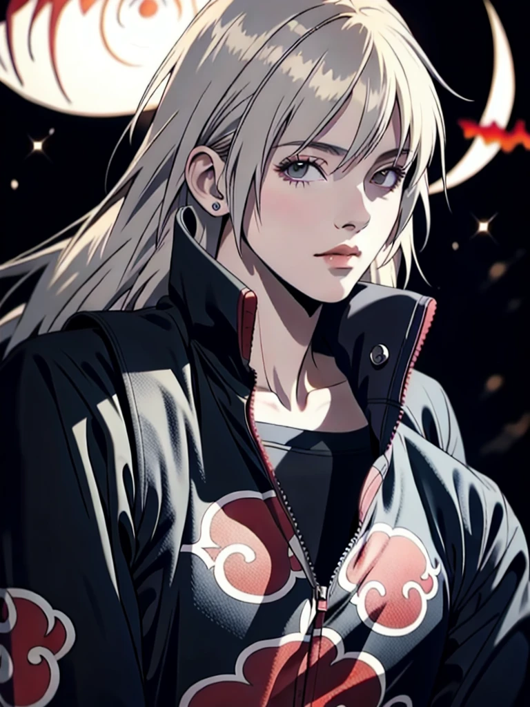 (masterpiece), (best quality), ultra high res, professional artwork, ultra detailed, intricate, detailed face, perfect lighting, 1girl, withe hair, (silver eyes), (((((AKATSUKI OUTFIT)))))), ninja, black cloak, black coat, high collar, collarbone, head, night, night sky, crescent moon, red moon, outdoors, blunt bangs,light silver hair, long hair