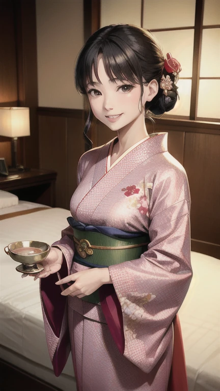 ((masterpiece)),((Ayako Katagiri)),((Katagiri Ayako)),((Full smile)),((Smile)),((happiness)),Healthy Beauty,((((tea time)))),(((kimono))),sexy,(((Antique style hotel room)))