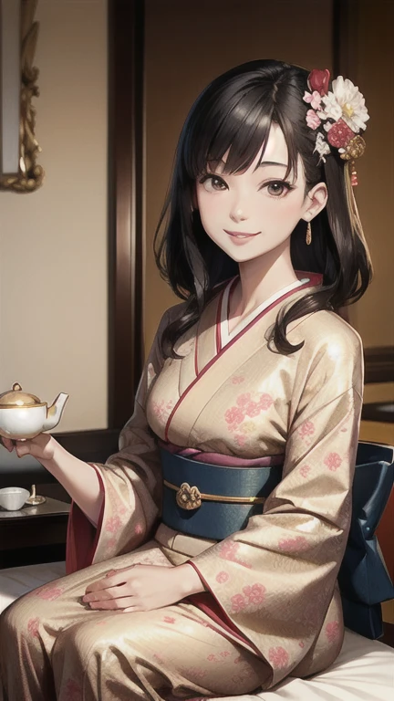 ((masterpiece)),((Ayako Katagiri)),((Katagiri Ayako)),((Full smile)),((Smile)),((happiness)),Healthy Beauty,((((tea time)))),(((kimono))),sexy,(((Antique style hotel room)))