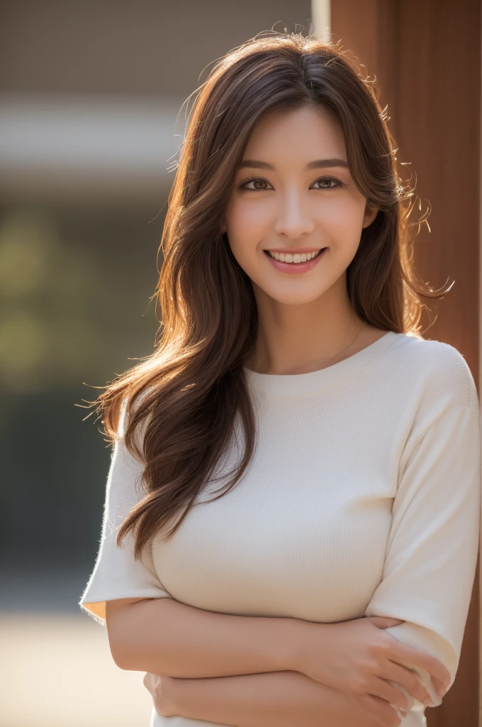  Brown-haired woman 30 years old、unclean、Lens flare、(8K、born、professional、highest quality、masterpiece:1.2)、(realistic、Photoreal:1.37)、super detailed、(best detailed skins:1.2)、(Supreme Detail Face:1.2)、movie lighting、1 female、Japanese、Short-cut brown hair、(the wind is strong)、warm white light、shy smile、Photographed from the front、((highest quality、8K、masterpiece:1.3))、beautiful woman with perfect figure:1.4、、((dark brown hair、big breasts:1.2))、Highly detailed face and skin texture、detailed eye、double eyelid、big breasts、gender　Wearing a plain white round neck T-shirt　Tokyo city　whole photo　Cafe