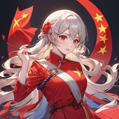 ((highest quality)), ((masterpiece)), (detailed), （perfect face）、the woman is a chinese kaim with medium-long silver hair and an...