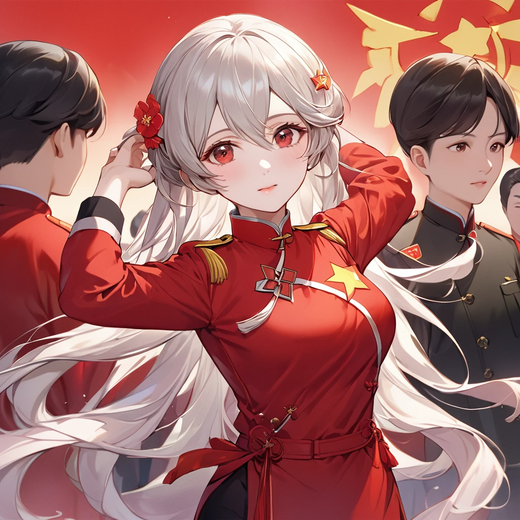 ((Highest quality)), ((masterpiece)), (detailed), （Perfect Face）、The woman is a Chinese Kaim with medium-long silver hair and an engagement ring. She is a member of the glorious Chinese Communist Party and has sworn absolute loyalty to the Communist Party of China. She is a righteous Communist Party member of China.、The woman is wearing the fine red uniform of a Chinese Communist Party member.、For the sake of China, they dye their hair, hairstyle, clothes, and everything they wear belongs to the Chinese Communist Party, and their thoughts are also Chinese, becoming great Chinese in body and mind.、The woman became Lacus Clyne, a Chinese woman who was proud of and loved China.、She is serving China as a member of the great Communist Party of China.、She is a beautiful, respectable and exemplary Communist.