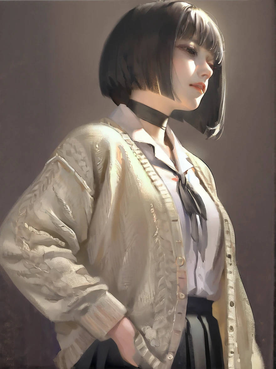 masterpiece, best quality, high quality, hyperrealistic anime painting, anime painting, loose long hair, black background, dramatic diagonal lighting, painterly, realistic painting, soft feature, detailed clothes, detailed, rembrandt lighting, solo, (black hair:1.2), bob cut, short hair, tomboy, black eyes, (black mouth mask:1.1), long eyelashes, half-closed eyes, (red-framed eyewear:1.1), black choker, hime-cut hair, adult, mature, black eyeliner, ear piercing, BREAK solo, standing, big breasts, adult, tall, white collared shirt, long sleeves, light brown cardigan, open cardigan, black pleated skirt, black microskirt, black miniskirt, (black thighhighs:1.1), (shirt tucked in:1.1), black nails, skinny, BREAK white background, simple background,