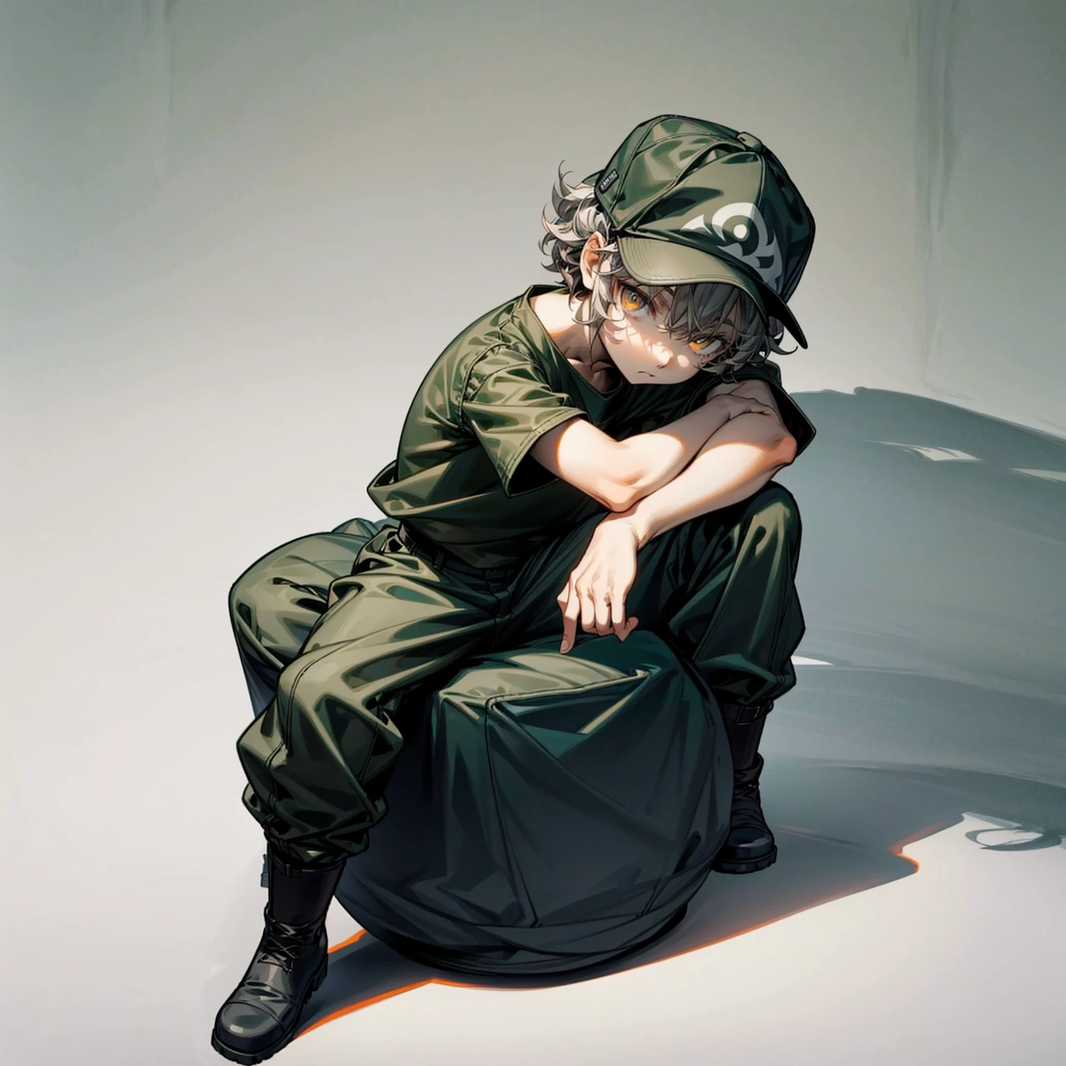 Solo character, full body version, kid boy, yellow eyes, gray color hair, short Curly haircut, round eyes, Baseball cap, black bandana, green top shirt, black cargo pants, white boots, detailed shadow, white background, sit down gesture 