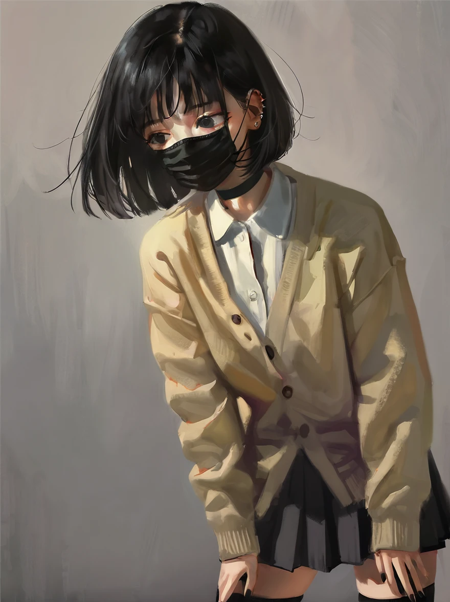 h3l3n, masterpiece, best quality, high quality, hyperrealistic anime painting, anime painting, loose long hair, black background, dramatic diagonal lighting, painterly, realistic painting, soft feature, detailed clothes, detailed, rembrandt lighting, solo, (black hair:1.2), bob cut, short hair, tomboy, black eyes, (black mouth mask:1.1), long eyelashes, half-closed eyes, (red-framed eyewear:1.1), black choker, hime-cut hair, adult, mature, black eyeliner, ear piercing, BREAK solo, standing, big breasts, adult, tall, white collared shirt, long sleeves, light brown cardigan, open cardigan, black pleated skirt, black microskirt, black miniskirt, (black thighhighs:1.1), (shirt tucked in:1.1), black nails, skinny, BREAK white background, simple background,
