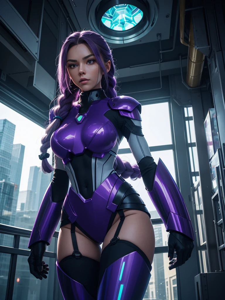 Beautiful Caucasian woman. Slim body. Just one woman. Alone. Only one person in the picture. Western woman. Long hair with 1 braid. Purple hair. Bright purple eyes. Woman doing a sexy Mega Man X cosplay. Her outfit is blue and is a sensual version of the Mega Man X outfit. The woman is in a futuristic city during the day. The place is full of plants and holographic monitors in the windows of the buildings. Dynamic light. Dynamic shadows. High resolution. Detailed.