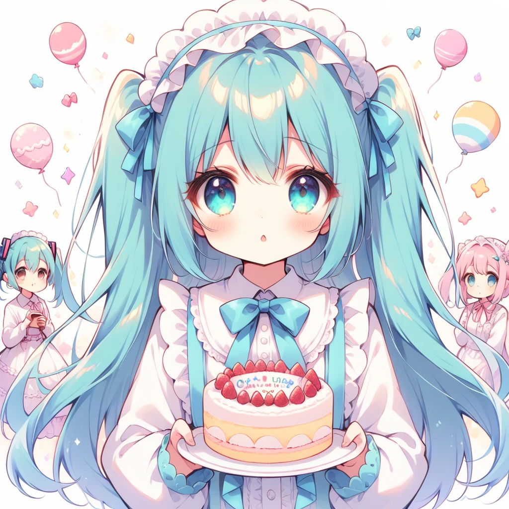 image resolution 1024px　white　light blue　Alice　parasol　ribbon, clear line, image resolution 1024px, Kawaii, cute, pretty, アニメ, cake, neon,, Lolita Face,3 year old 
girls,  hatsune miku,