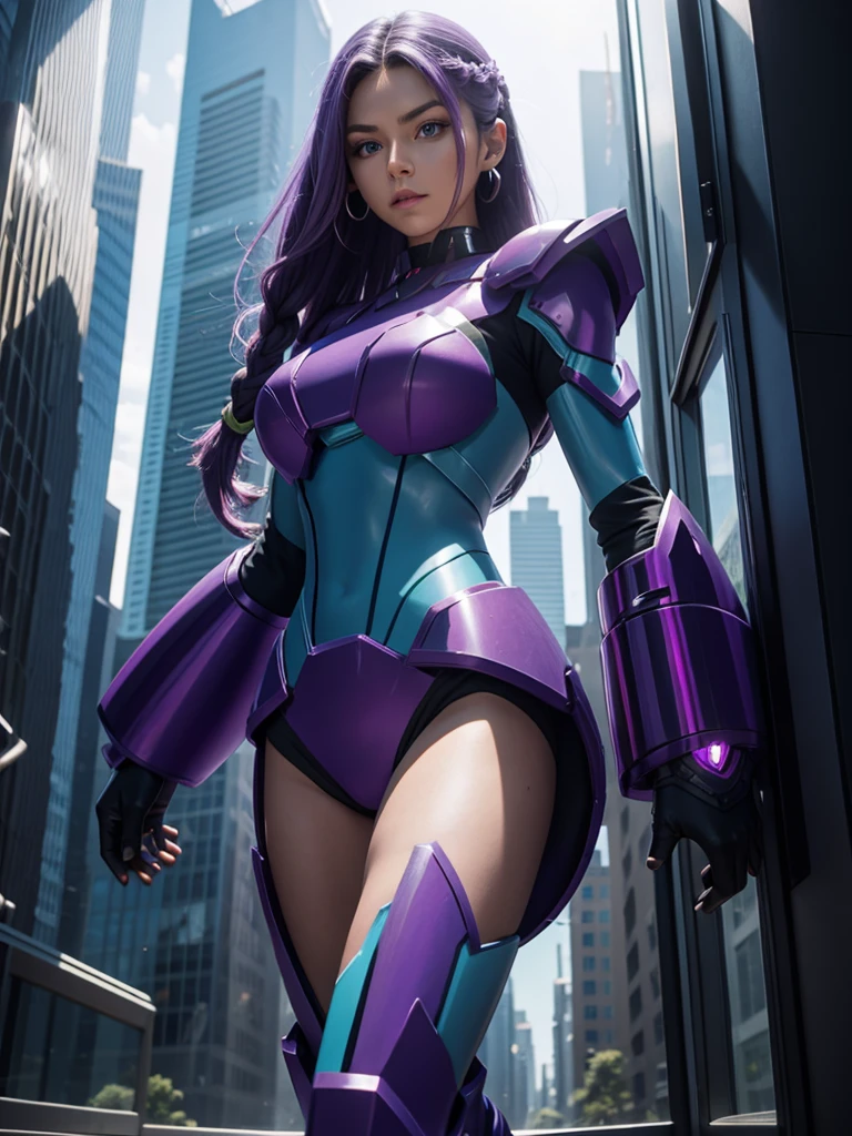 Beautiful Caucasian woman. Slim body. Just one woman. Alone. Only one person in the picture. Western woman. Long hair with 1 braid. Purple hair. Bright purple eyes. Woman doing a sexy Mega Man X cosplay. Her outfit is blue and is a sensual version of the Mega Man X outfit. The woman is in a futuristic city during the day. The place is full of plants and holographic monitors in the windows of the buildings. Dynamic light. Dynamic shadows. High resolution. Detailed.