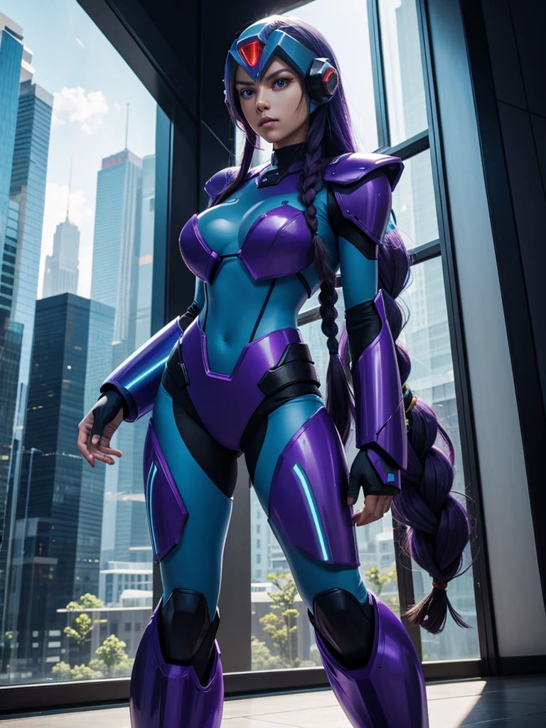 Beautiful Caucasian woman. Slim body. Just one woman. Alone. Only one person in the picture. Western woman. Long hair with 1 braid. Purple hair. Bright purple eyes. Woman doing a sexy Mega Man X cosplay. Her outfit is blue and is a sensual version of the Mega Man X outfit. The woman is in a futuristic city during the day. The place is full of plants and holographic monitors in the windows of the buildings. Dynamic light. Dynamic shadows. High resolution. Detailed.