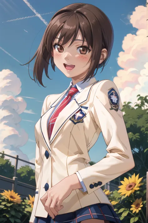 makaijisuku 2, 1 girl, alone, brown hair, brown eyes, , blazer, tie, checked skirt, blush, open your mouth, smile, garden, blue ...