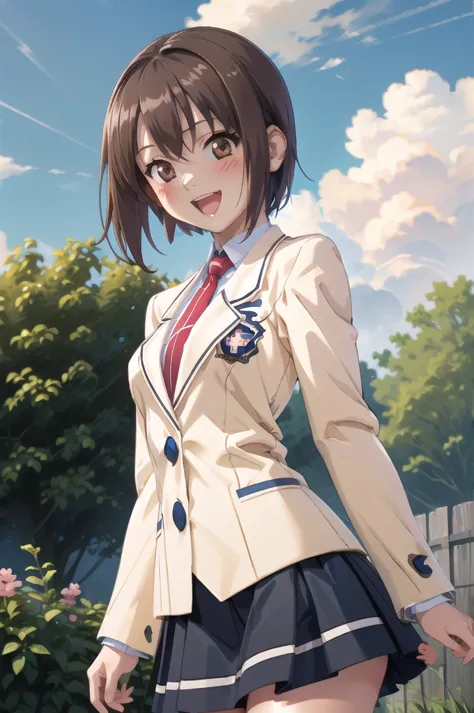 makaijisuku 2, 1 girl, alone, brown hair, brown eyes, , blazer, tie, checked skirt, blush, open your mouth, smile, garden, blue ...