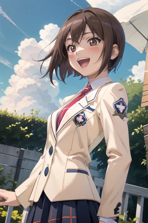 makaijisuku 2, 1 girl, alone, brown hair, brown eyes, , blazer, tie, checked skirt, blush, open your mouth, smile, garden, blue ...