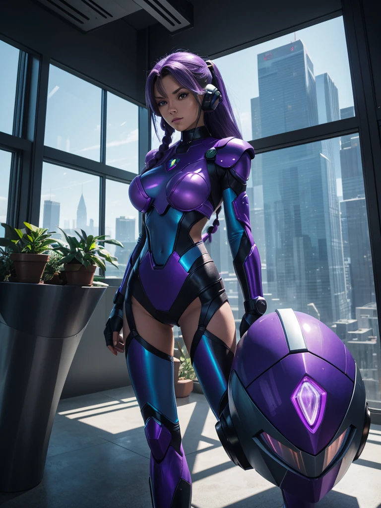 Beautiful Caucasian woman. Slim body. Just one woman. Alone. Only one person in the picture. Western woman. Long hair with 1 braid. Purple hair. Bright purple eyes. Woman doing a sexy Mega Man X cosplay. Her outfit is blue and is a sensual version of the Mega Man X outfit. The woman is in a futuristic city during the day. The place is full of plants and holographic monitors in the windows of the buildings. Dynamic light. Dynamic shadows. High resolution. Detailed.