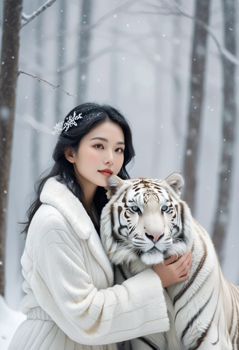 A woman and a slightly larger white tiger are depicted in a scene of mutual affection against a snowy backdrop. The woman dressed in winter fur coat, shares serene expressions with the tiger, emphasizing their harmonious coexistence. The setting is a tranquil forest, with glistening snowflakes adding to the ethereal beauty of the scene. The interaction between the woman and the tiger is gentle, showcasing a delicate contrast between human and animal. The image is captured with a soft-focus effect and a muted color palette, enhancing the high fidelity of the photograph. The perspective is intimate, drawing the viewer into this moment of peaceful coexistence