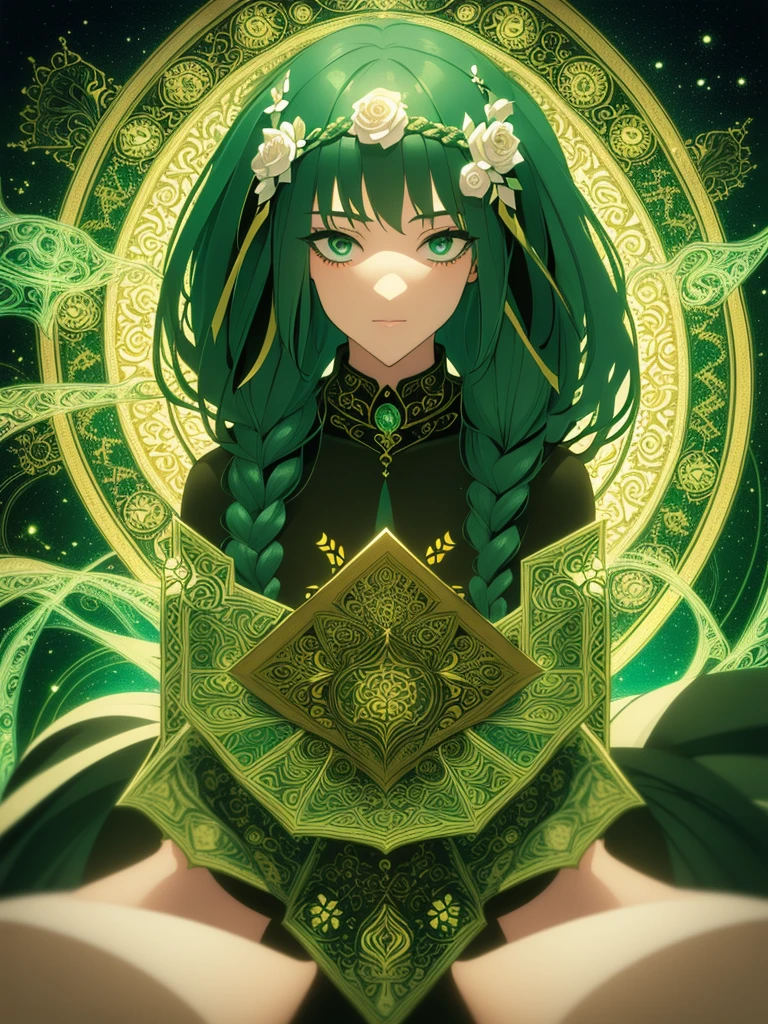 (work of art, Maximum quality, best qualityer, offcial art, beautiful and aesthetic:1.2), (1 girl:1.3), (Fractal Art:1.3), card, tarot, hair green, twin braids, hair flower, (good lighting:1.1), ((high resolution)), Tarot card style calcinha preta mostrando