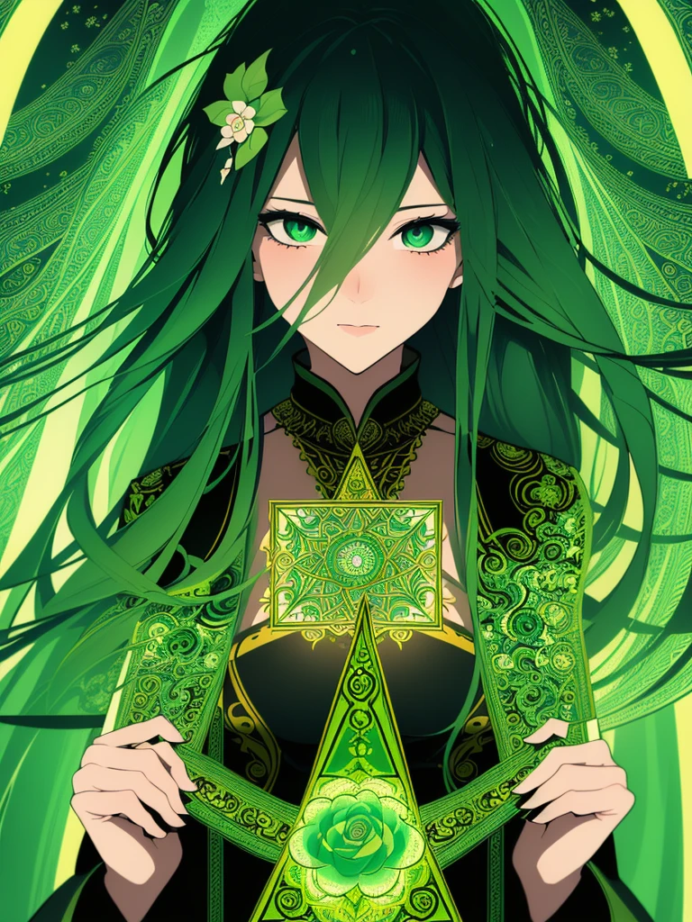 (work of art, Maximum quality, best qualityer, offcial art, beautiful and aesthetic:1.2), (1 girl:1.3), (Fractal Art:1.3), card, tarot, hair green, twin braids, hair flower, (good lighting:1.1), ((high resolution)), Tarot card style calcinha preta mostrando