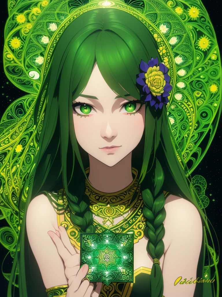 (work of art, Maximum quality, best qualityer, offcial art, beautiful and aesthetic:1.2), (1 girl:1.3), (Fractal Art:1.3), card, tarot, hair green, twin braids, hair flower, (good lighting:1.1), ((high resolution)), Tarot card style calcinha preta mostrando