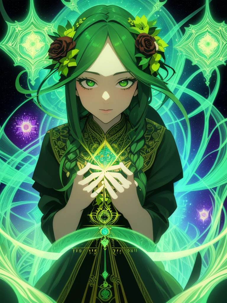 (obra de arte, máxima calidad, mejor calidad, arte oficial, hermoso y estetico:1.2), (1 chica:1.3), (Fractal Art:1.3), tarjeta, tarot, pelo verde, trenzas gemelas, flor del pelo, (buena iluminacion:1.1), ((Alta resolución)), Tarot tarjeta style calcinha preta mostrando