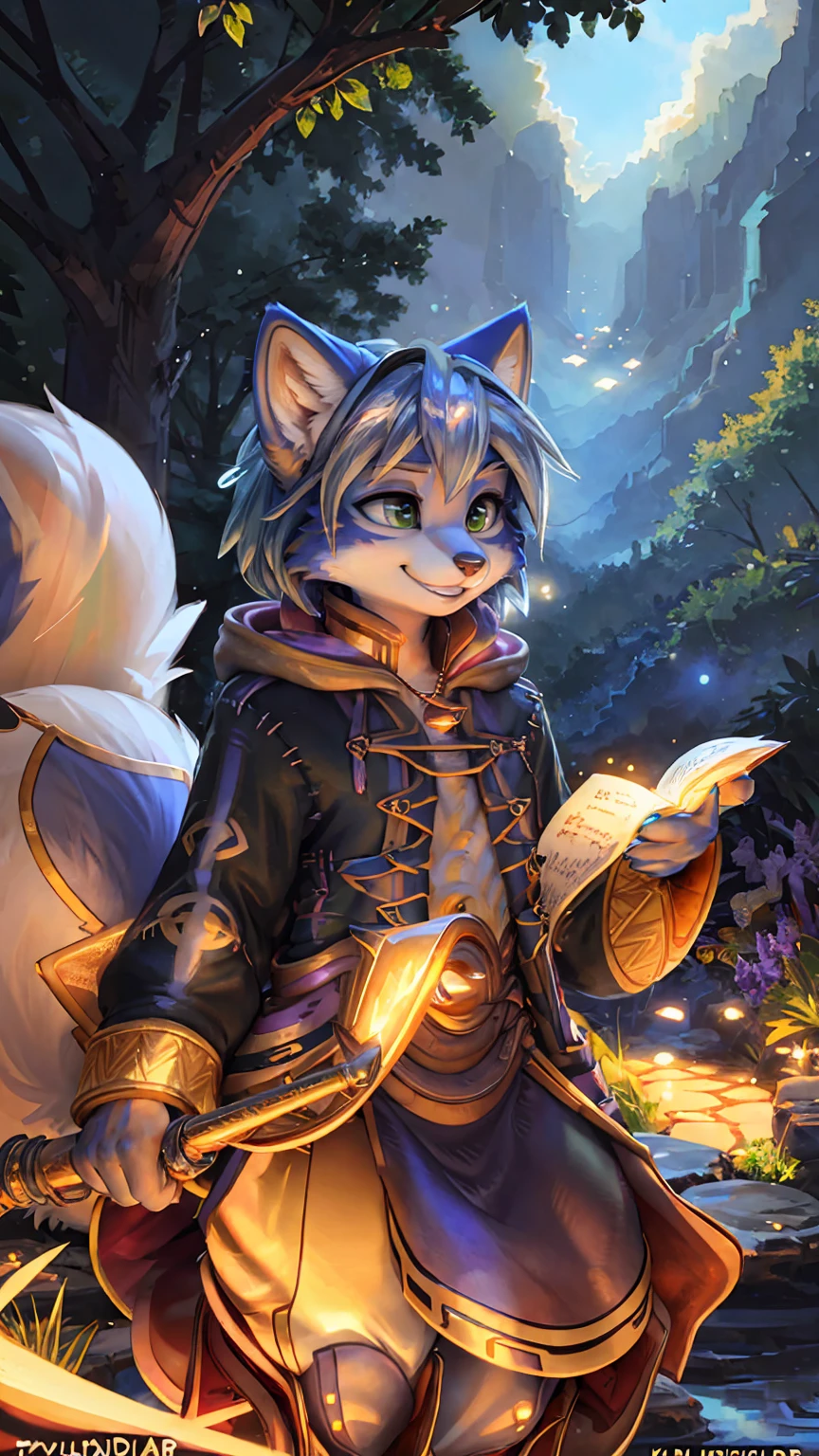 A beautiful and detailed (sweet picture) wa ((krystal)), Star Fox Krystal, sslim, lovable, green eyes, medium breasts, (((Long blue hair 1.3))),  ((black hair tips)), Decollete, grin, look up,, anthro, furry, Uploaded E621, detailed fluffy fur, (wa Fluff-Kevlar, Bayard Wu, personalize me, Pino Daeni), detailed face, (fluffy), 1 girl, alone, sweet girl, alone, mage, gown, Hose, gloves, 