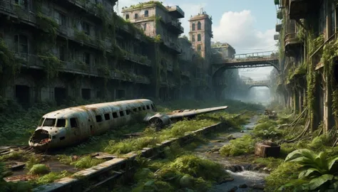 "create a 3d animation of an abandoned metropolis (2022) in the style of jakub rozalski
* rusty airplane, overgrown with moss, s...