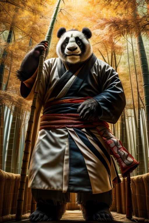 Highest quality, Ultra-high resolution, (Realistic:1.4), RAW Photos, (panda:1.1）, Japanese style, kimono, Rin々Shii, Samurai, bamboo forest, Feel the wind, front, Standing posture