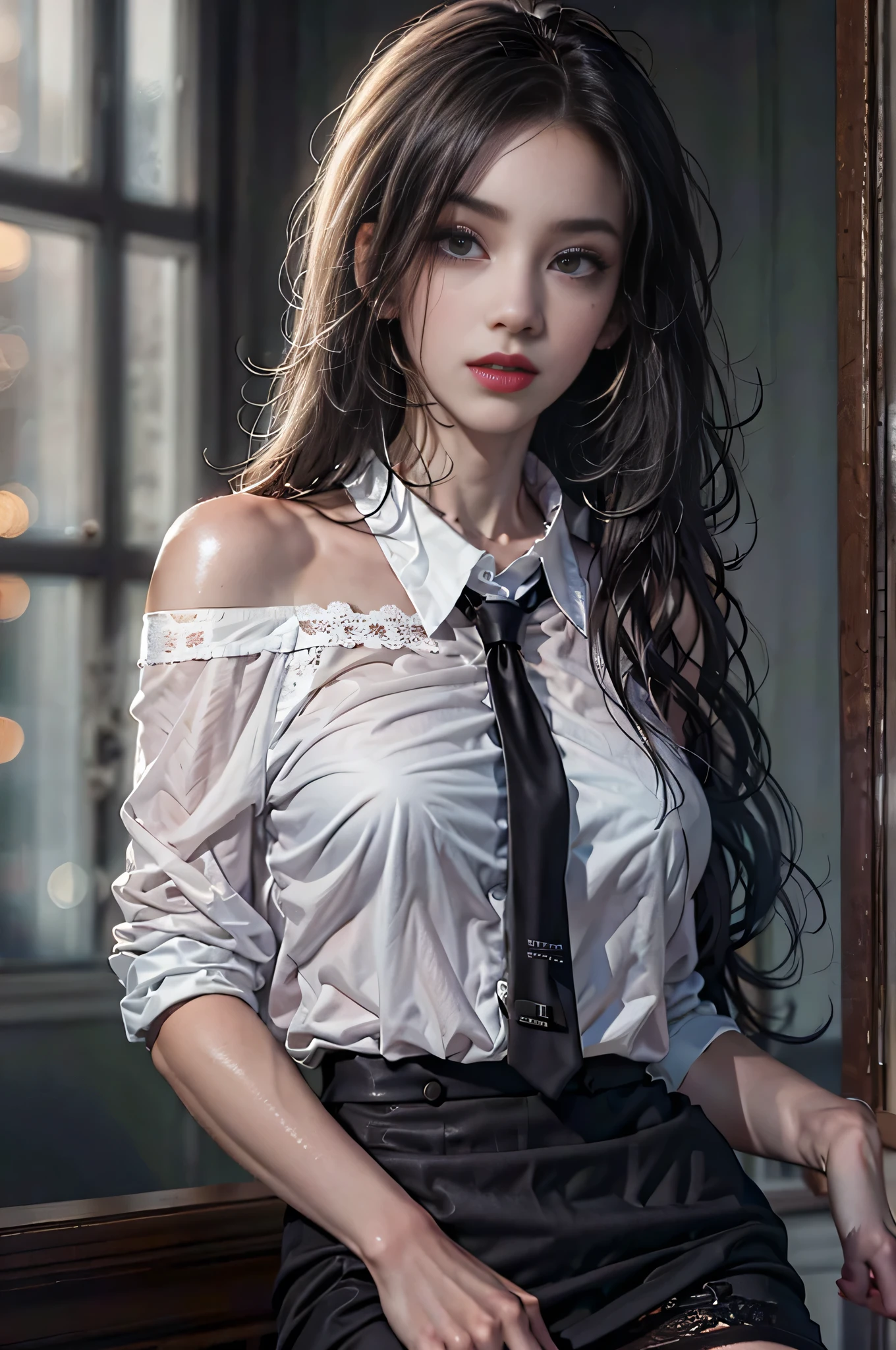 Girl portrait photography, Realistic, High resolution, 1 female, alone, Upper Body, Beautiful Eyes, Close your lips, Detailed face, Gray Hair, Long Hair,Off-the-shoulder white shirt, Black tie,Black Skirt, Pencil Skirt, stockings,(Black lace panties are visible)