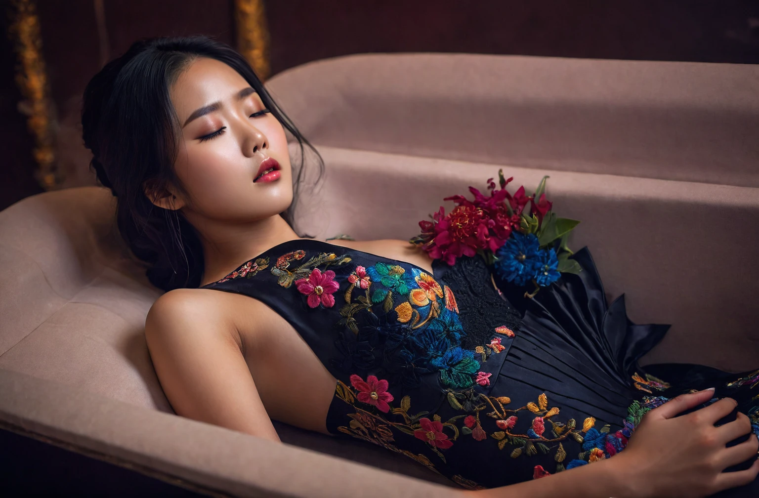 In a striking 8K HDR scene, a stunning Korean woman, 22 years old, lies peacefully in a black coffin surrounded by plush pillows. The deep box is set against a rich black background, accentuating the beauty of the subject. Her exquisite deep-V neckline kebaya attire is embroidered with superb detail, showcasing her round and firm breasts, perfect cleavage, and beautiful eyebrows. Her closed eyes and mouth give an air of serenity, while her visible and absolute cleavage leave nothing to imagination. The scene is bathed in saturated colors, highlighting every intricate aspect from the ball skirt to her clean face, straight body, detailed hand perfect hands, straight body, own hands together, own hand on stomach, detailed hands, perfect hands.