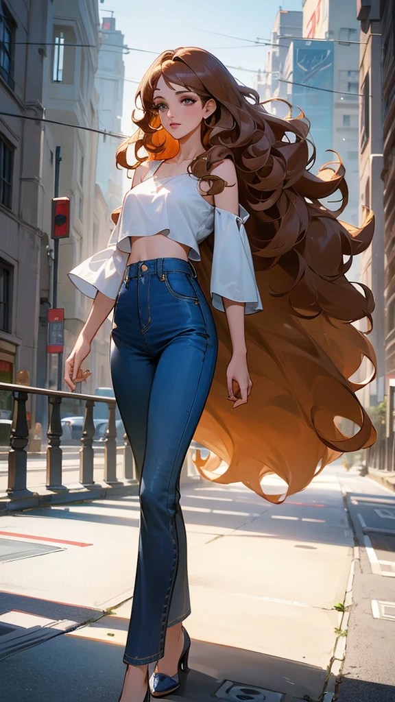 Solo, Masterpiece, curly Hair, Hazel eyes, 1girl, Long Hair, Celine dion, beautiful, 24 years old, blue Jean pants and white exotic top, Best Quality, High Details, Retina, perfect hands, perfect legs, High Resolution, background urban landscape