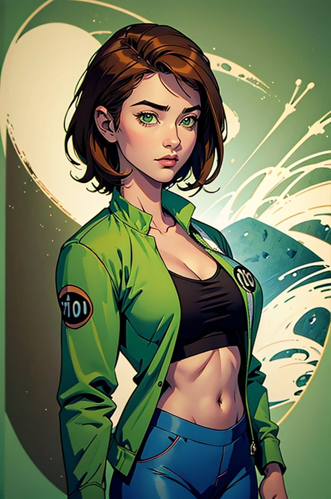 ((illustration)), (best quality)), ((masterpiece)), (detailed), benuaf, 1girl, brown hair, blue pants, green jacket, bmb-fc, huge breasts, short hair,  whtie background,