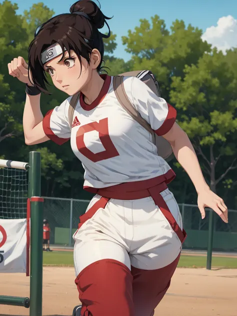 (tenten), 1girl, as an athlete, wearing a sports t-shirt and pants, at a playground, 8k, high detailed, high quality