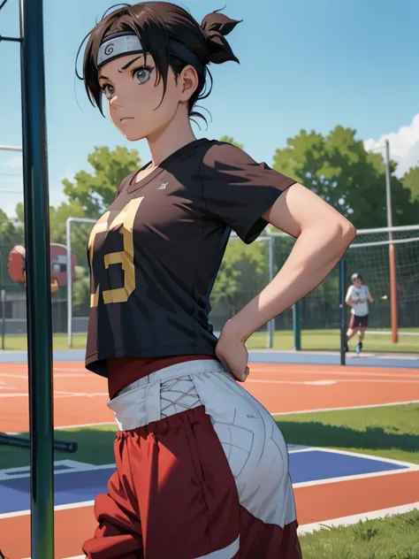 (tenten), 1girl, as an athlete, wearing a sports t-shirt and pants, at a playground, 8k, high detailed, high quality