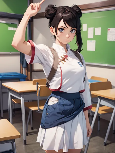 (tenten), 1girl, as a highschool girl, wearing a  with white shirt and blue skirt, at a classroom, 8k, high detailed, high quali...