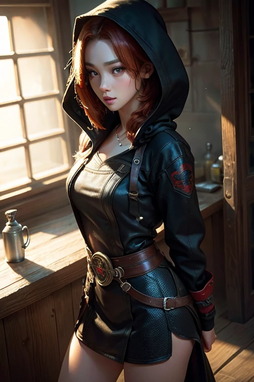 (realistic oil art, waist up image, 20 year old princess, British, negro eyes, vibrant look, redhead, short hair), tunic ezio auditore, hooded, negro, Brown, red details, ornaments, freckles in 10% of the cheekbone, perfect face, critical chamber, blurred background, warm light, more details on clothes, strong leftovers, mysterious pose