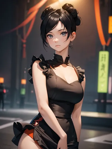 (tenten), 1girl, wearing a  modern black colour party frock, at a night party, tenten's hair style , 8k, high detailed, high qua...