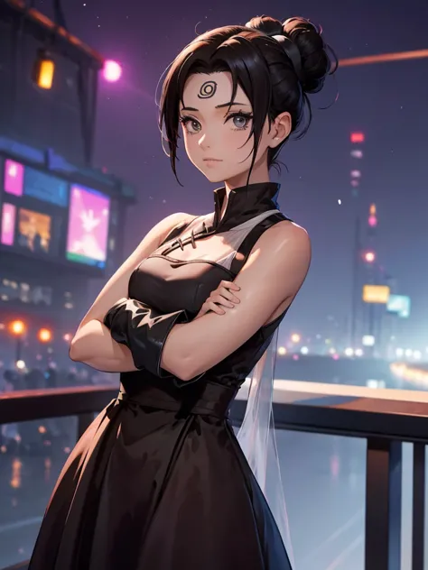 (tenten), 1girl, wearing a  modern black colour party frock, at a night party, tenten's hair style , 8k, high detailed, high qua...