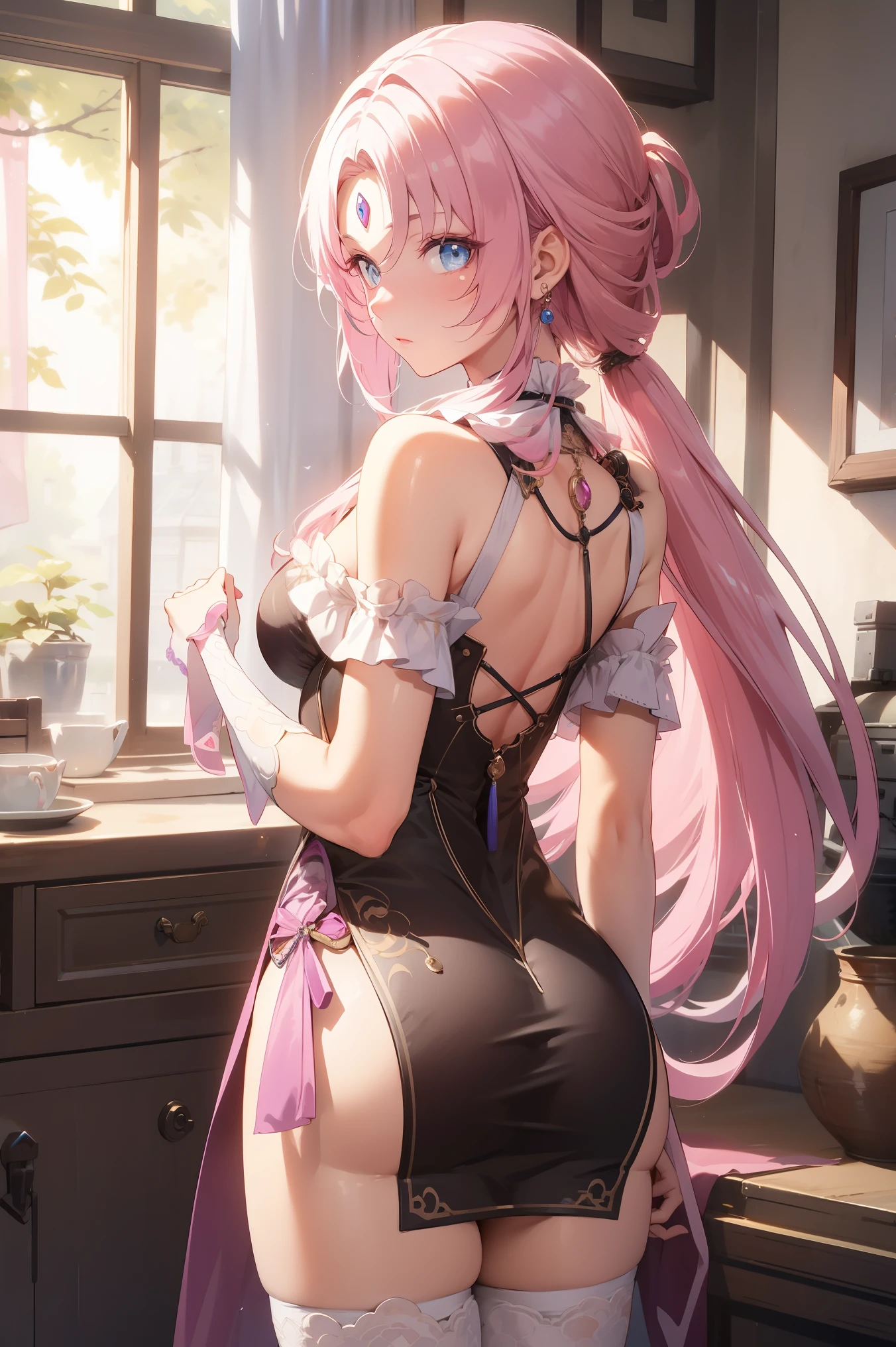 pink eye, pink hair,
BREAK (thigh highs, white thigh highs:1.2) 
BREAK from back view、Look back with a sideways glance,
BREAK (masterpiece:1.2), best quality, high resolution, unity 8k wallpaper, (illustration:0.8), (beautiful detailed eyes:1.6), extremely detailed face, perfect lighting, extremely detailed CG, (perfect hands, perfect anatomy),