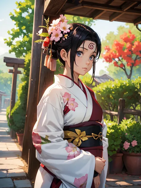 (tenten), 1girl, wearing a kimono with flowers art, at a village, tenten's hair style , 8k, high detailed, high quality