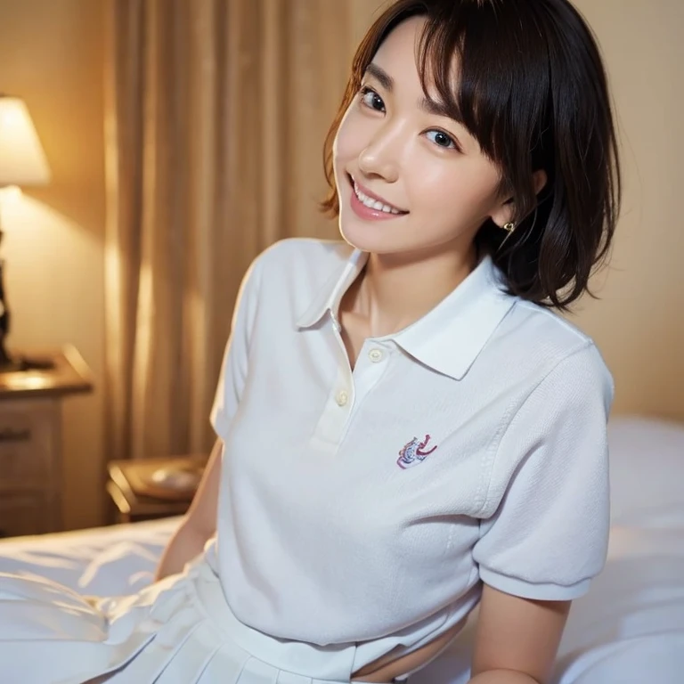 (Masterpiece, Best quality: 1.2), (Aerial shot: 1.3), (From side: 1.3), Looking at viewer, Natural light, 20 years old actress, Japanese women, Neat and clean, ((Wearing white tennis uniform, White polo shirt with collar, Not buttoning the polo shirt, White tennis Skirt, White pleated mini skirt: 1.2)), (High ponytail: 1.2) Medium wavy hair, (Beautiful Face), Glossy brown hair color, clear, (Beautiful detailed eyes, Kind eyes), (Clear skin), Small face, Beautiful small mouth, no makeup, Approachable, Hotel rooms, On bed, White socks, Seductive smile, Seductive pose,