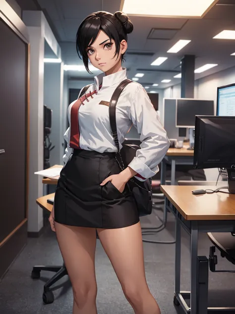 (tenten), 1girl, wearing a office suit, black tight skirt at an office , tenten's hair style , 8k, high detailed, high quality