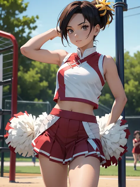 (tenten), 1girl, as a cheerleader, wearing a cheerleader outfit, at a playground, tenten's hair style , 8k, high detailed, high ...